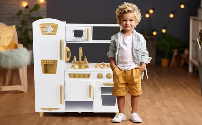 Kitchen Playset for Kids Ages 3-8, Wooden Pretend Play Kitchen with Realistic Sounds, Including Telephone, Ice Maker, Refrigerator, Dimensions: 35” H x 31” W x 12” D (White)