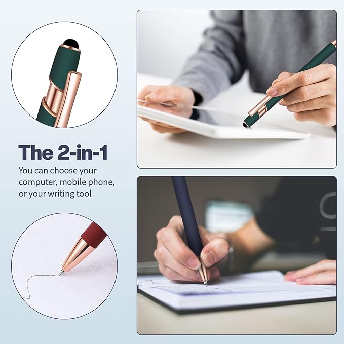 8 Pieces Ballpoint Pen with Stylus Tip Black Ink 2 in 1 Stylus Metal 1.0 mm Medium Point Smooth Pen Rainbow Colorful Rubberized Ballpoint for Touch Screen Tablet(Red, Green, Navy, Black)