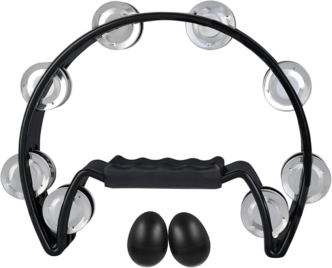 EastRock Tambourine,Metal Jingles Hand Held Percussion Half-Moon Tambourine and Egg Shakers for Kids, Adults, KTV, Party BLACK