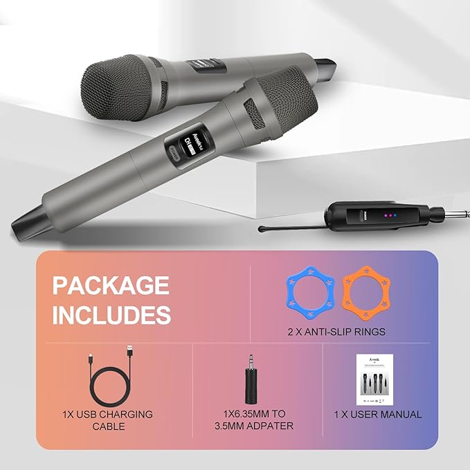 Aveek 2.4GHz Wireless Microphone System, Rechargeable Mics and Receiver, Plug & Play for Karaoke Machine, Party Speakers, Home Entertainment, Wedding & Events - Crystal Clear Sound, 100ft Range