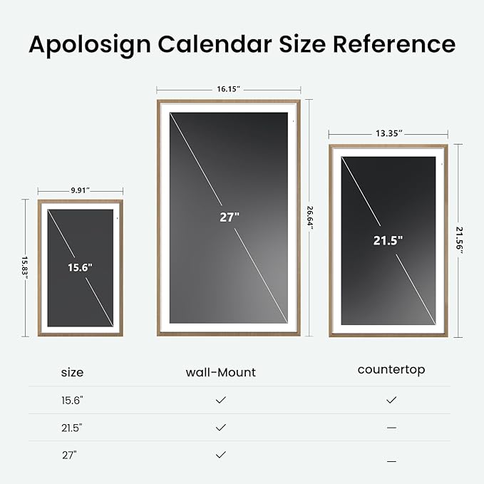 ApoloSign 21.5-inch Digital Calendar: Dual Mode Calendar with Google Play & Multi-calendar Sync, Electronic Planner & Chore Chart, Smart Touchscreen, Interactive Display for Family Schedules (Gray Wood, 21.5")