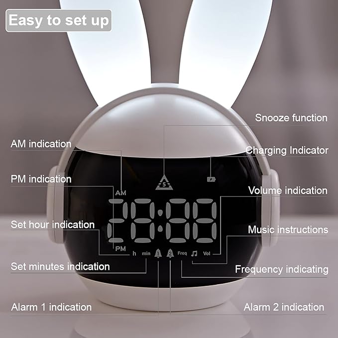 Kids Alarm Clock for Kids, Bunny Alarm Clocks for Girls Boys, White Kid Alarm Clock with Ringtones & Night Light Rechargeable Snoozing