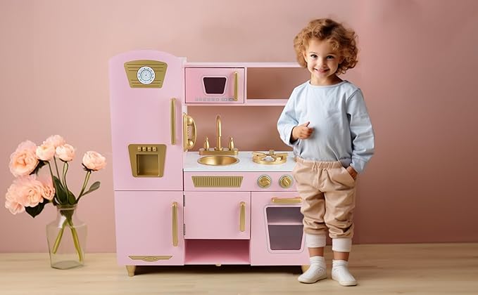 Kitchen Playset for Kids Ages 3-8, Wooden Pretend Play Kitchen, Including Telephone, Ice Maker, Refrigerator, Dimensions: 35” H x 31” W x 12” D (Pink)