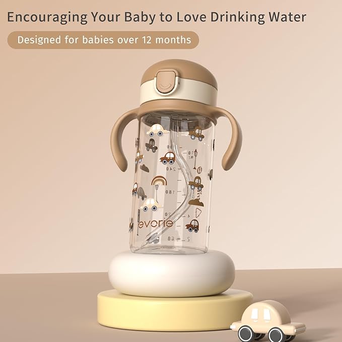 Evorie Tritan Spill Proof Toddler Straw Sippy Cup, 10 oz for Baby and Toddlers 1-3 Years Old, No Spill Straw Water Bottle with Removable Handles, Ideal for School, BPA-Free, Choco Car (NEW)