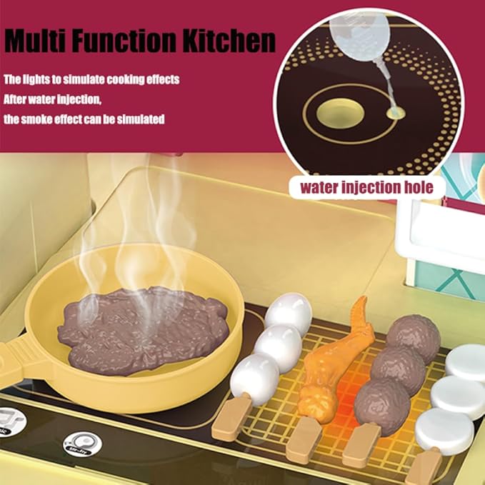 Kitchen Playset, 3 in 1 Kitchen Pretend Play, 68 PCS Realistic Cooking Accessories, Sounds, Lightnd, Running Water,Ideal Gift for Boys and Girls