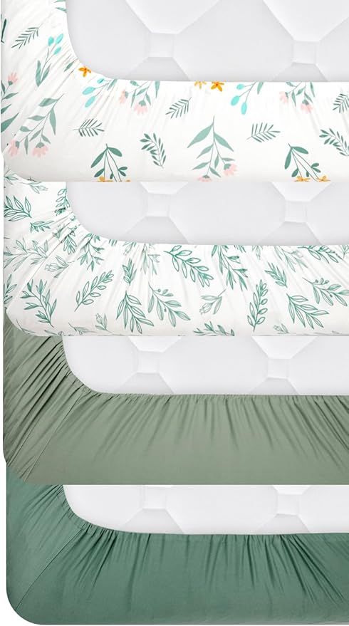 4 Pack Sage Green Fitted Nursery Sheets Breathable Neutral Unisex Baby Sheets for Boys or Girls with Leaf and Flower Design Standard Crib Sheet (Green, Crib Sheet)