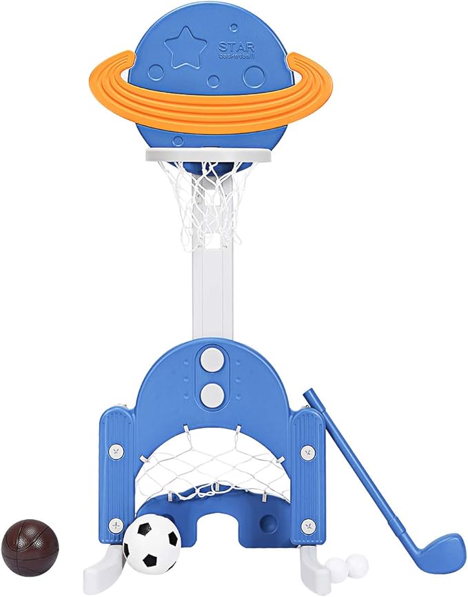 Costzon Kids Basketball Hoop, Toddler Sports Activity Center w/ 5 Adjustable Height Levels, Basketball Soccer Golf Game Set, Indoor Outdoor Basketball Hoop Set Gift for Baby Infant