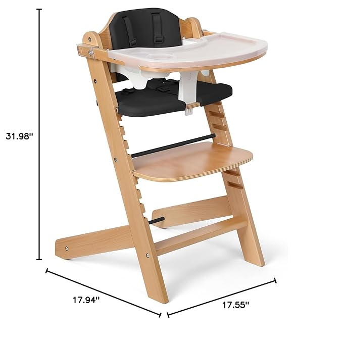 Cowiewie Natural Wooden High Chair for Babies & Toddlers 3-Tier Remove & 2 Adjustable Tray, 8 Adjustable Highchair with Cushions, Easy to Clean (Black)