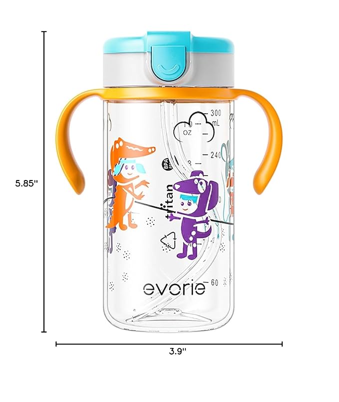 Evorie Tritan Spill Proof Toddler Straw Sippy Cup, 10 oz for Baby and Toddlers 1-3 Years Old, No Spill Straw Water Bottle with Removable Handles, Ideal for School, BPA-Free (Imaginations)