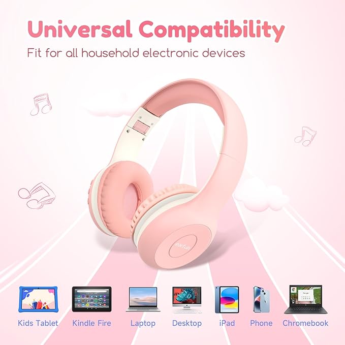 EarFun K2 Kids Bluetooth Headphones, Kids Headphones with Volume Limited, 40H Playtime, Built-in Mic, Stereo Sound, Foldable Over-Ear Headphone for School/Travel/iPad/Tablet, Pink