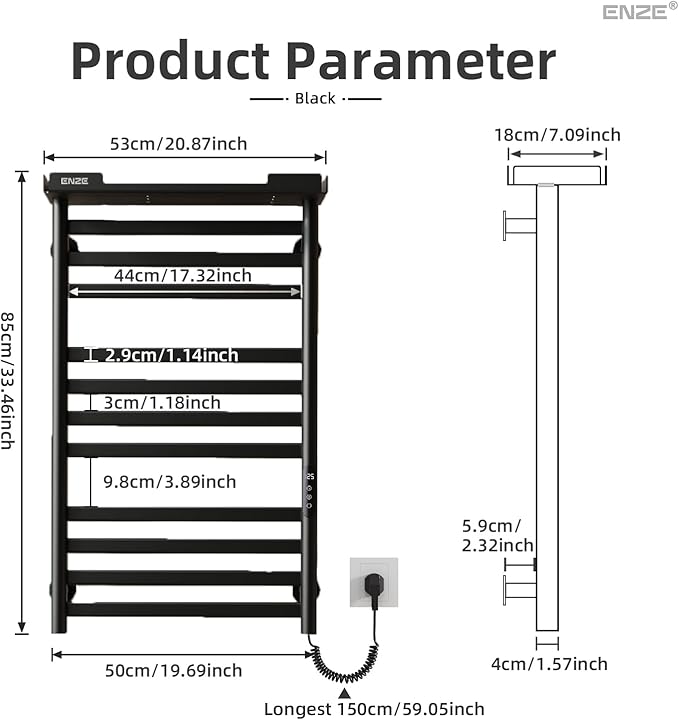 ENZE Heated Towel Rack with Shelf and Wi-Fi App Control, 11 Bars Electric Wall Mounted Towel Warmer with Timer & Adjustable Temperature, Low Carbon Steel, Plug-in/Hardwired, Matte Black