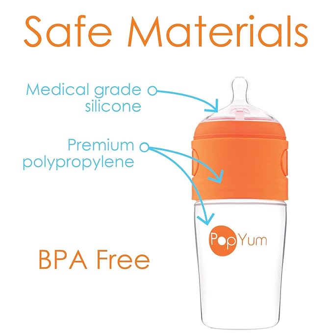 PopYum 9 oz Orange Anti-Colic Formula Making/Mixing/Dispenser Baby Bottle with #2 Medium Flow Nipple, 260 ml, BPA-Free, Natural Latch