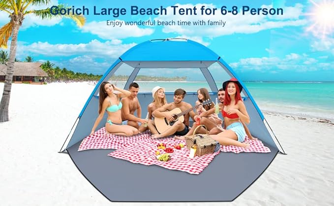Gorich Beach Tent Sun Shelter for 3/4-5/6-7/8-10 Person with UPF 50+ UV Protection, Lightweight & Easy Setup Beach Shade Canopy, Portable Beach Shade Tent Beach Cabana