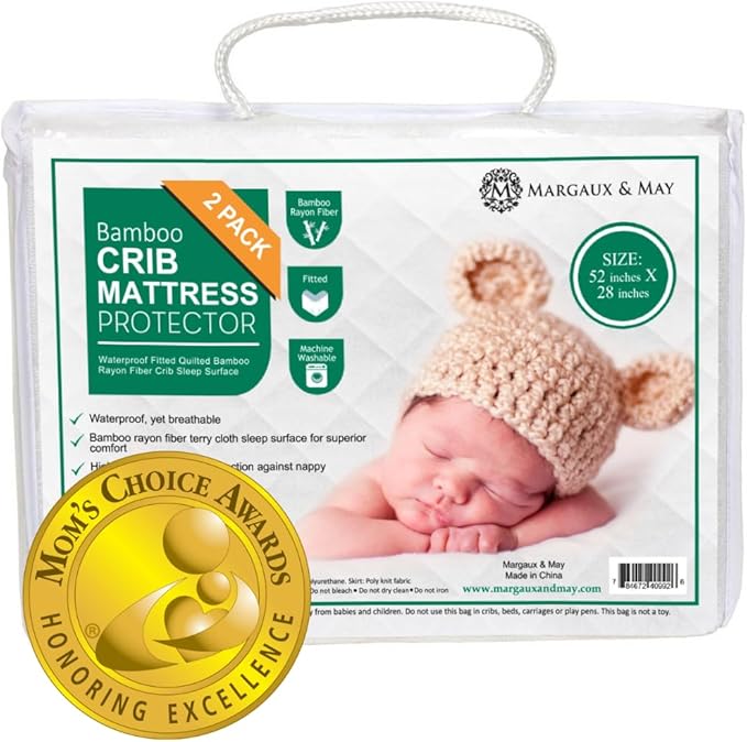 Crib Mattress Protector Pad 2 Pack - Ultra-Soft Waterproof Breathable Premium Bamboo Rayon - Noiseless Fitted Dryer Safe Cover for Crib. High Absorbency Oeko-TEX Certified MARGAUX & MAY