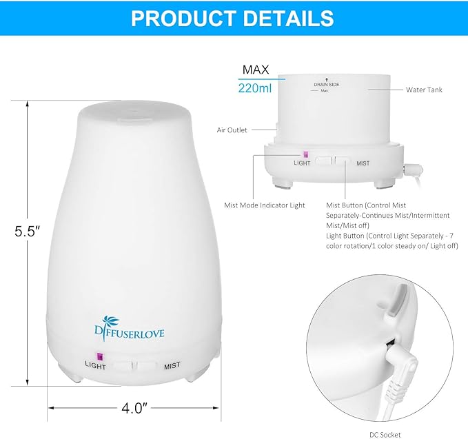 Diffuserlove 2 Pack 200ml Essential Oil Diffuser Ultrasonic Aromatherapy Diffuser with Waterless Auto Shut-Off Aroma Cool Mist Humidifiers with 6 Bottles of Natural Essential Oils /7 Color LED Lights
