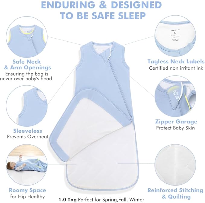 HAPIU Unisex Rayon Made from Bamboo Baby Sleep Sack TOG 1.0, 2-Way Zipper YKK, Wearable Blanket Baby