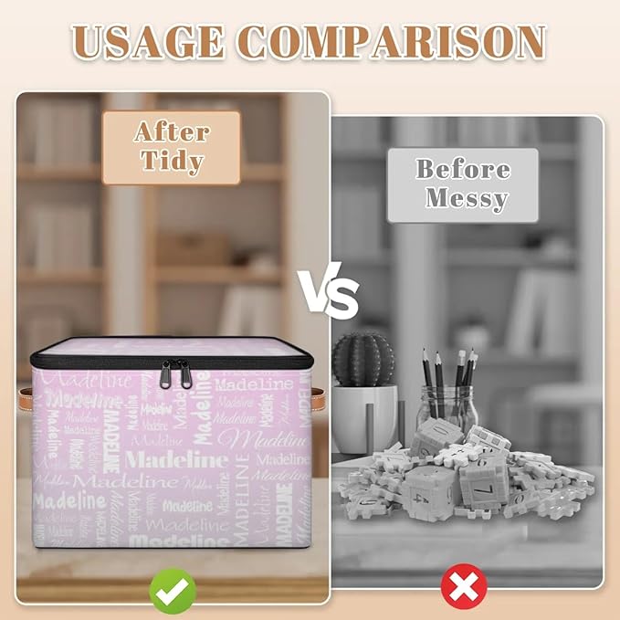 Custom Storage Basket with Name, Personalized Storage Bins with Zipper Lid, Foldable Fabric Storage Box Large capacity with Handle Grey Pink Gradient