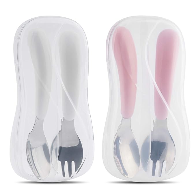 Kirecoo 2 Set Toddler Utensils, Toddler Forks and Spoons, Stainless Steel Toddler Silverware Set, Designed for Self Feeding Flatware Set with Travel Carrying Cases BPA Free (White & Pink)