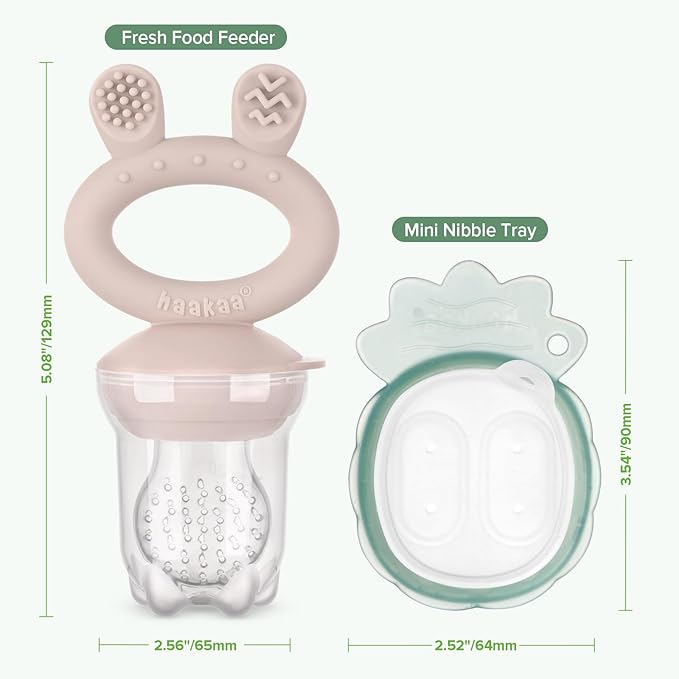 Haakaa Baby Fruit Food Feeder & Mini Freezer Nibble Tray Combo, Breastmilk Popsicle Molds for Baby Cooling Relief, BPA Free Silicone Feeder for Safe Infant Self Feeding, 4 Month+ (Blush)