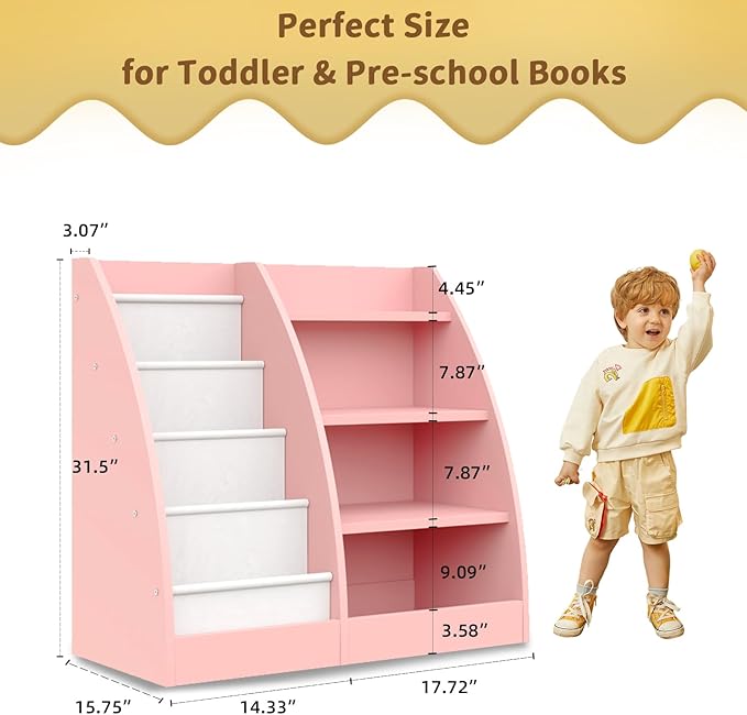 4 Tier Kids Bookshelf Set of 2,4 Layer Sling Kids Book Shelf for Kids Rooms,Wood Children Bookcase,Baby Storage Book Rack,Toddler Bookshelf, Book and Toy Organizer,Book Display Shelf for Nursery