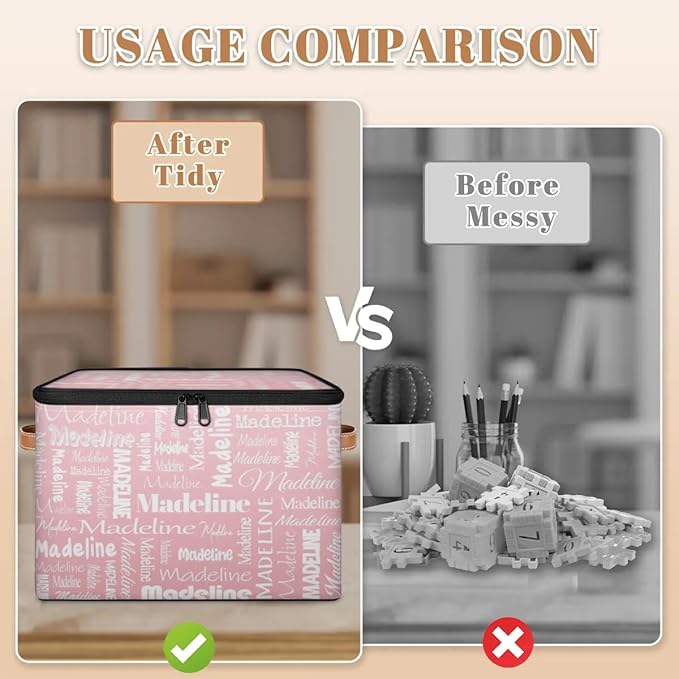 Custom Storage Basket with Name, Personalized Storage Bins with Zipper Lid, Foldable Fabric Storage Box Large capacity with Handle Pink