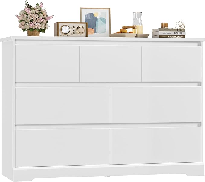 Dresser for Bedroom, Modern White Dresser, Wood Chest of Drawers Nursery Dressers, with Storage, 7 Drawer Double with Handle Free, Large Storage Organizer for Living Room,White