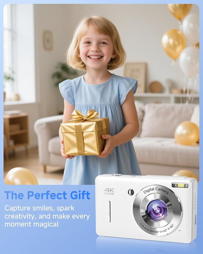 Digital Camera, 44MP FHD 1080P Camera for Kid with 16X Zoom Anti Shake, Compact Small Camera with 32GB SD Card, Digital Camera for Teens for Teens Girls Kids Adults(White)