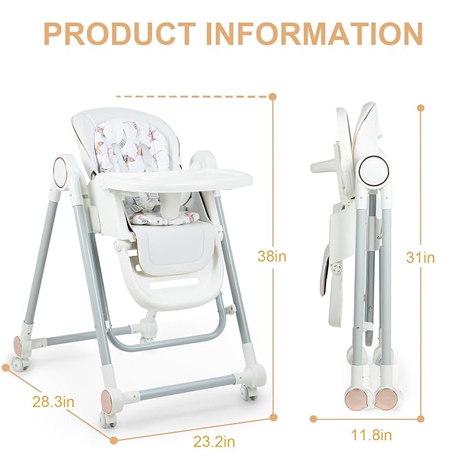 Foldable High Chair for Babies and Toddlers,Baby Swings for Infants 6-36 Months Old, Portable Baby Chair with Adjustable Backrest, Footrest, Tray, and Seat Height, Detachable Leather Cushion