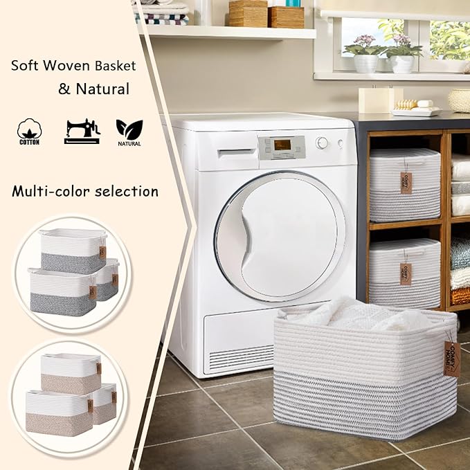 COMFY-HOMI Cotton Rope Woven Basket with Handles for Shelves,Toys,Book, Cloth Storage Baskets Bin for Organizing-13.5"x11"x9.5" Toy Decorative Organizer for Living Room, Bathroom-White/Black Line