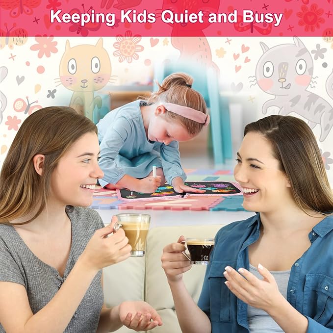 Erasable Doodle Set for Kids - Magic Drawing Book With 12 Watercolor Pens, 14 Page Reusable Book, Road Trip Car Game Writing Painting Set for Boys and Girls (Cat Pink)