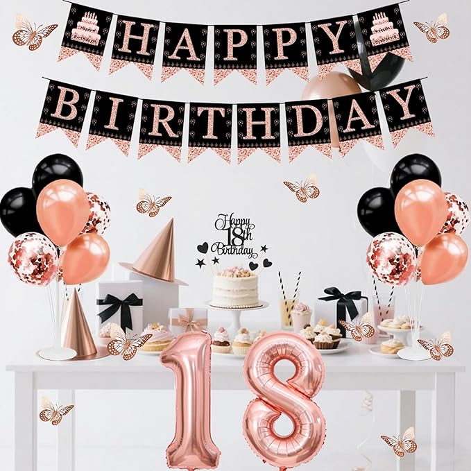 18th Birthday Decorations for Girls Women - 56pcs Rose Gold Happy 18th Banner, 18th Birthday Crown Sash, Cake Topper, Number 40 balloons, 3D Butterflies, 4 Balloon Stands kits