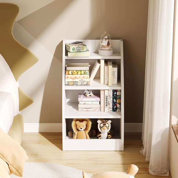 Kids Bookshelf and Toy Organizer,4 Tier Kids Book Shelf for Kids Rooms,Wood Children Bookcase,Baby Storage Book Rack,Toddler Bookshelf,Toy Storage Organizer,Book Display Shelf for Playroom, Nursery