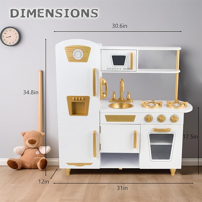 Kitchen Playset for Kids Ages 3-8, Wooden Pretend Play Kitchen for Toddlers, Including Telephone, Ice Maker, Refrigerator, Dimensions: 35” H x 31” W x 12” D (White)