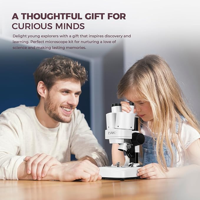 ESAKO Dual LED Kids Microscope - 52+ Piece Science Kit with Mineral & Insect Specimens, 10 Prepared Slides & 10 DIY Blank Slides, Microscope kit for Kids 8-12