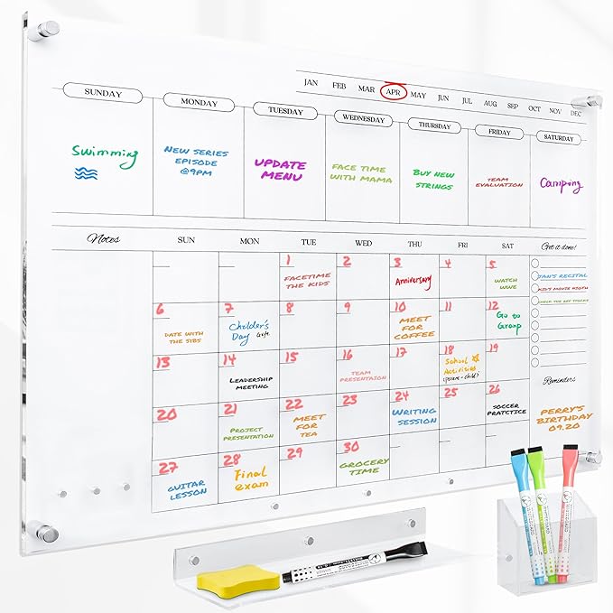 Acrylic Calendar for Wall - 24x18” Wall Calendar, Dry Erase Calender, Clear Calendar for Wall, Includes Magnetic Pen, Tray Holders, 4 Markers and 1 Eraser