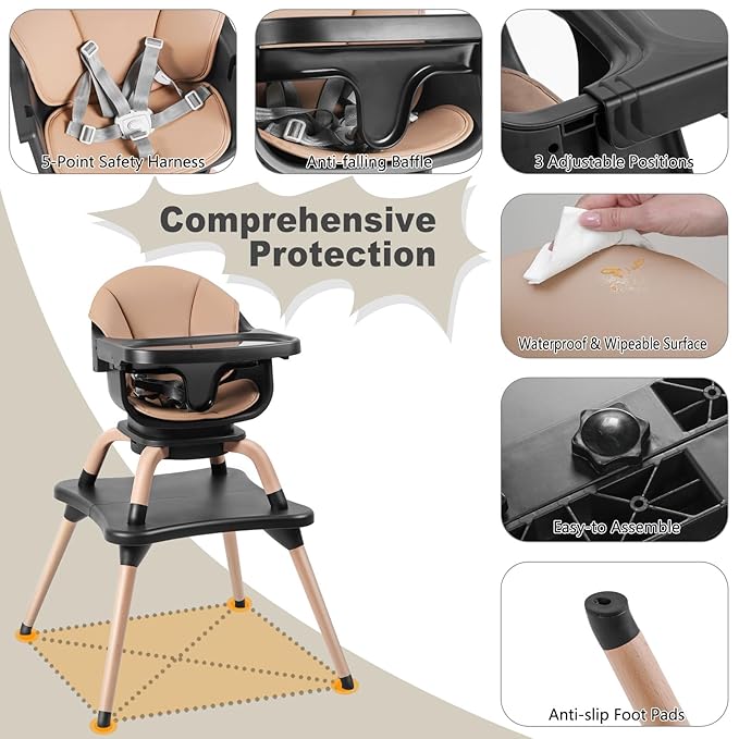 Baby High Chair, 7 in 1 Convertible High Chairs for Babies and Toddlers, Kids Learning Table, Building Block Table, Toddler Dining Chair with 360° Rotating Seat, 5-Point Safety Harness (Black)