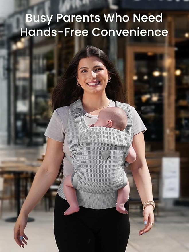 GROWNSY Baby Carrier Newborn to Toddler, Breathable Mesh Carrier(7-44lbs) with One-Click Sliding Clasp, Head Support, Ergonomic Design and Hands-Free Comfort, Silver Gray