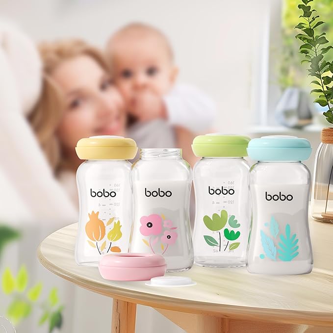 YOHKOH Breast Milk Storage Bottles - Wide Neck Glass Breastmilk Storage Bottles with Lids, BPA-Free (Multicolor1, 5.4oz (Pack of 6))