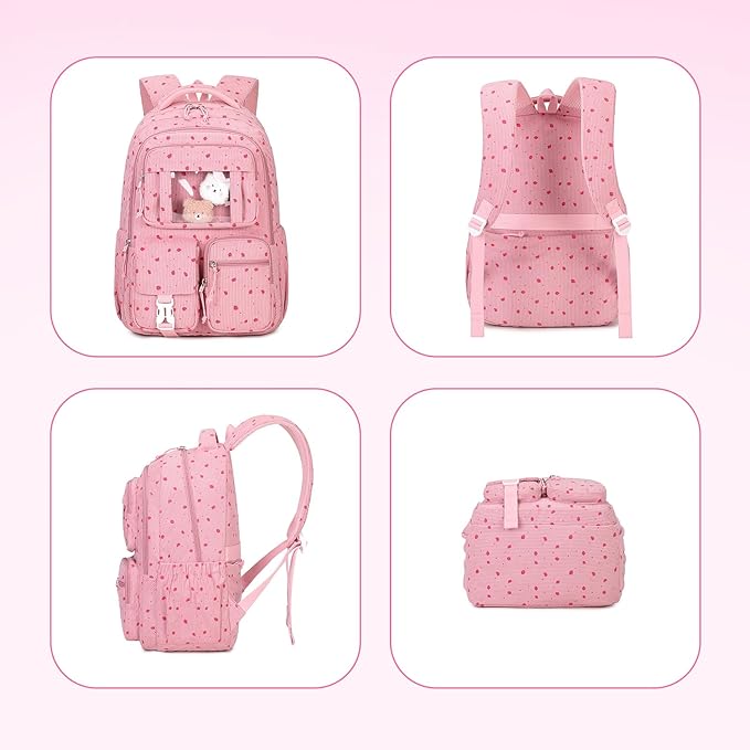 Corduroy Backpack Kids Backpack for Girls School Bags for Middle School Students Book Bag for Elementary Primary Kawaii Ita Backpack, Pink Strawberry