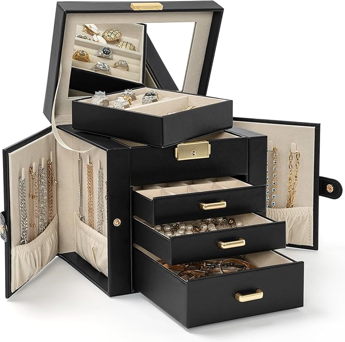 AKOZLIN 4-Tier Jewelry Box Leather Jewelry Storage Organizer with 3 Drawers Lockable for Women Girls Ring Necklace Earring Bracelet Holder with Mirror Black