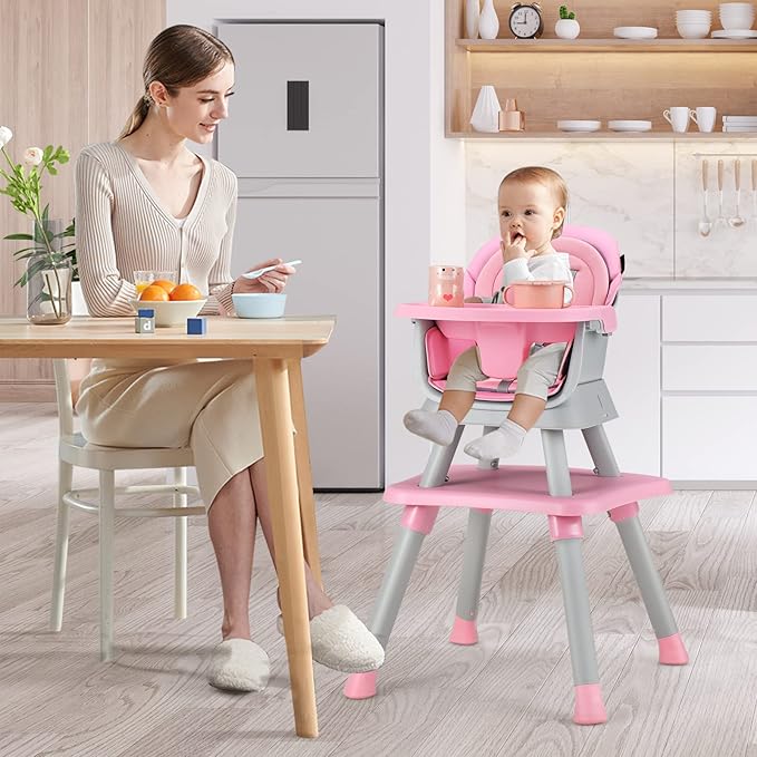 HONEY JOY 8 in 1 Baby High Chair, Convertible Highchair for Babies and Toddlers/Table and Chair Set/Building Block Table/Booster Seat/Stool/Toddler Chair with Safety Harness (Pink)