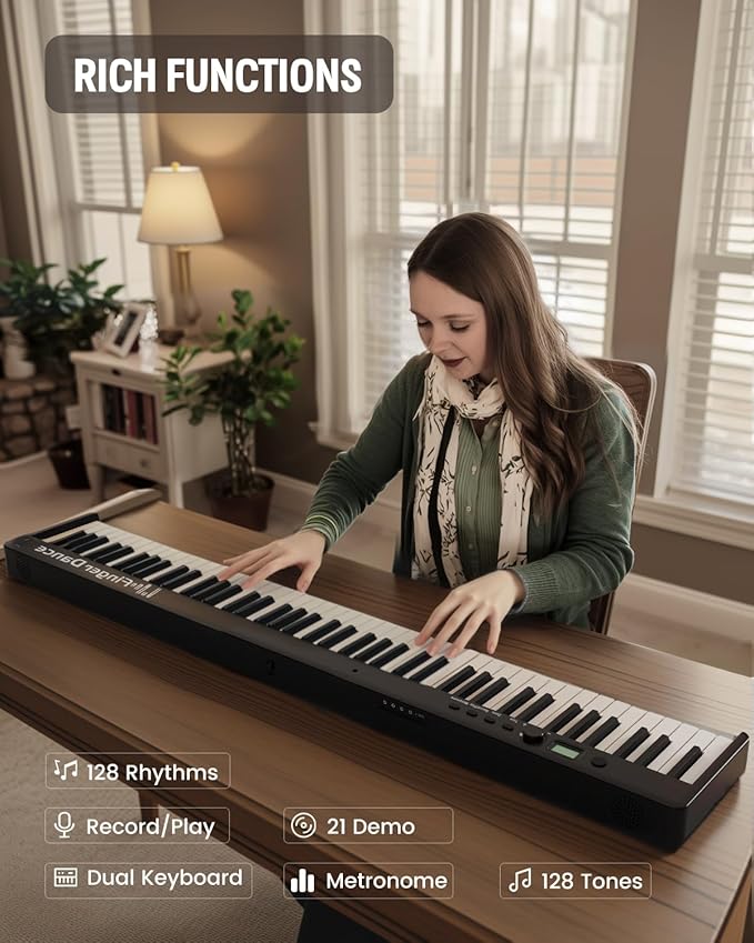 Finger Dance Folding Piano Keyboard 88 Keys, Portable Electric Keyboard with Bluetooth MIDI, Full Size Digital Piano, Wood Grain, Semi-Weighted, Touch Sensitive, with Storage Bag for Beginner