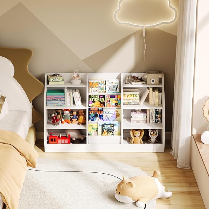 4 Tier Kids Bookshelf, 4 Layer Sling Kids Book Shelf for Kids Rooms, XXL Wood Children Bookcase,Baby Storage Book Rack,Toddler Bookshelf, Book and Toy Organizer,Book Display Shelf for Bedroom, Nursery