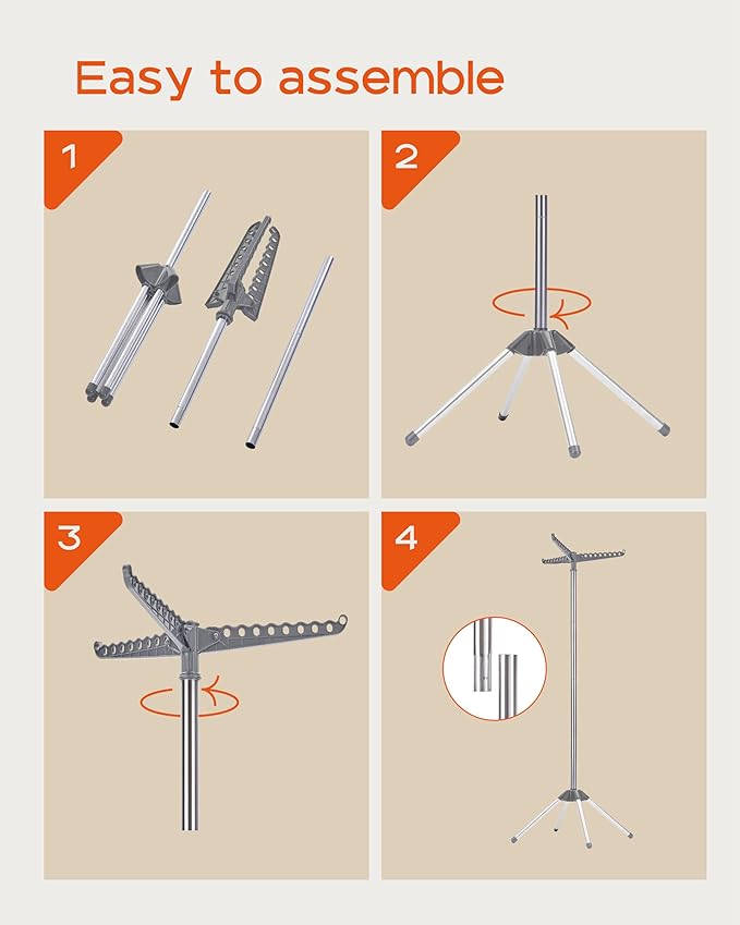 Clothes Drying Rack Foldable, 59 inch Tripod Laundry Drying Rack Indoor with Rotating Clothes Rail for 27 Pieces of Clothes, Space Saving, Stainless Steel, Grey and Silver CDR001G01