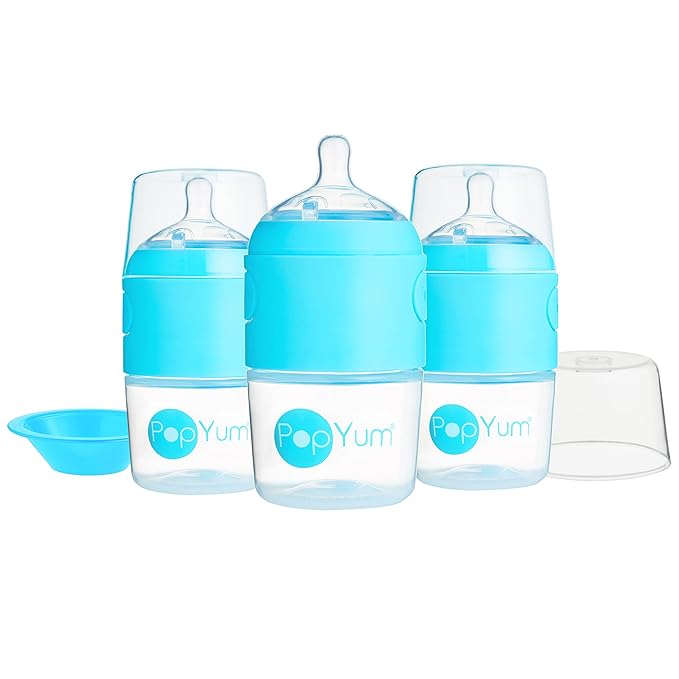 PopYum 5 oz Blue Anti-Colic Formula Making/Mixing/Dispenser Baby Bottles, 3-Pack with #1 Slow Flow Nipples, 150 ml, BPA-Free, Natural Latch