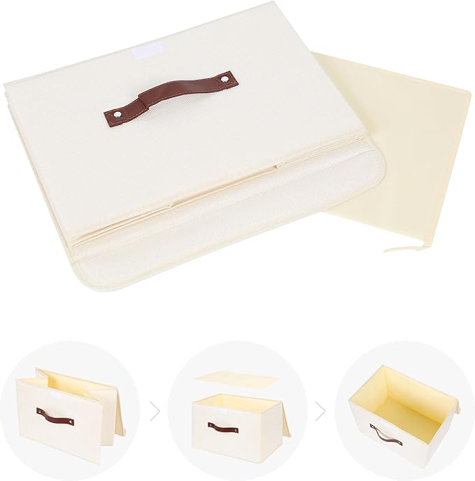 ANMINY Storage Bin with Lid Storage Boxes with PU Leather Handles PP Plastic Board Decorative Foldable Lidded Cotton Linen Fabric Home Cubes Baskets Closet Organizer Container - Beige, Large Size