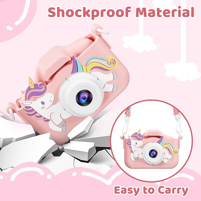 Kids Camera, Toys for Toddlers Age 3-8 Year Old Girl Christmas Birthday Gifts, Children Digital Camera with Cartoon Soft Silicone Cover and 32GB Card (Sakura Pink)