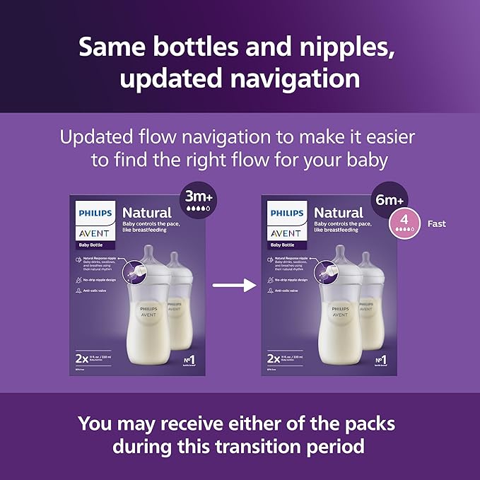 Philips Avent Natural Baby Bottles with Natural Response Nipples (Fast Flow, Flow 4), 11oz, 4-Pack, SCY906/04
