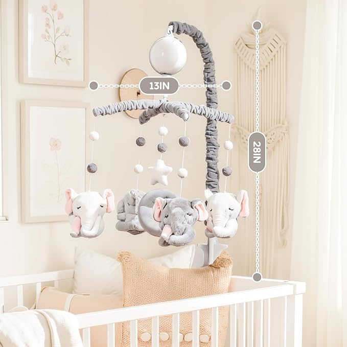 Baby Crib Mobile - Elephant Crib Mobile for Girls with 25 Inches Mobile Arm and 35 Lullabies Musical Box, 3 Modes Digital, Volume Control, Essential Gift for Infant Bedroom Hanging Decor
