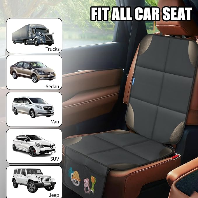 Car Seat Protector for Child Carseat, 1 Pack Protect Car Seats Cover for Baby with Thickest Padding and Non-Slip Padded Backing Mesh Pockets Kids Pets Car Back Seat Protectors(Darkgrey)